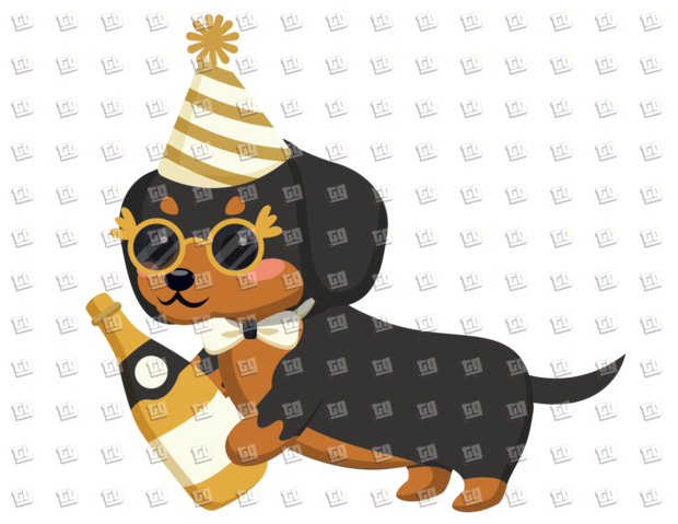 Wiener Dog with Bottle, Part Hat, Glasses, and Bow-Tie - New Years - DTF Transfer