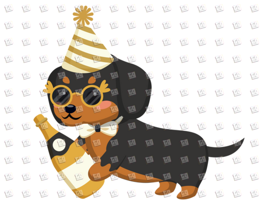 Wiener Dog with Bottle, Part Hat, Glasses, and Bow-Tie - New Years - DTF Transfer