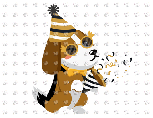 Puppy With Party Hat, Glasses, Bow-Tie and Confetti - New Years - DTF Transfer