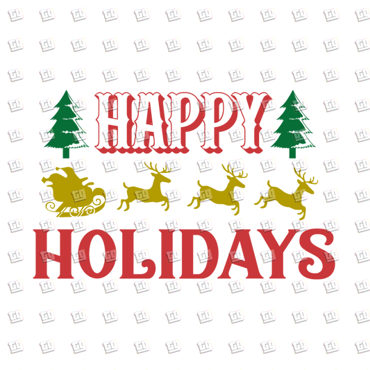 Happy Holidays (Christmas Tree, Santa Sleigh, Reindeer)  - Holidays - DTF Transfer