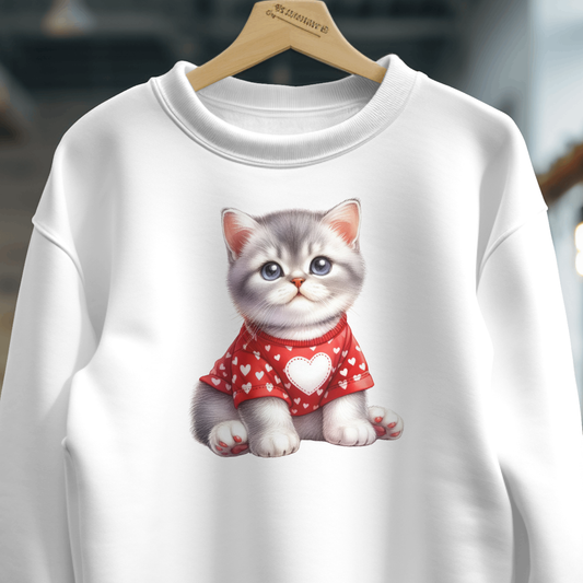 Short Haired Gray Cat With Heart Sweater- Valentines - DTF Transfer